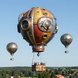large colorful futuristic space age metallic steampunk steam - powered balloons with pipework and electrical wiring around the outside, and people on rope swings underneath, flying high over the beautiful klaipeda in lithuania landscape, professional photography, 8 0 mm telephoto lens, realistic, detailed, photorealistic, photojournalism