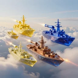 frigates made of mustard and cobalt and bronze opaque translucent frosted crystals with thousands of tiny facets, firing laser cannons, floating in the clouds lit by late afternoon lighting, high resolution realistic detailed matte painting by felix ortiz, raphael lacoste, andreas rocha, georgia o'keeffe, greg rutkowski