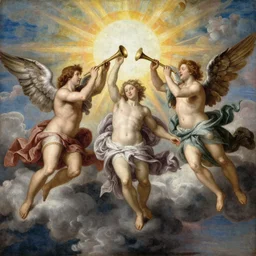 renaissance painting with angels with trumpets flying from the sky, clouds, rays of the sun, sensual