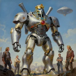 a giant king tut mecha ufo abduction, tim hildebrandt, wayne barlowe, bruce pennington, donato giancola, trending on artstation, cinematic composition, beautiful lighting, hyper detailed, 8 k, oil on canvas