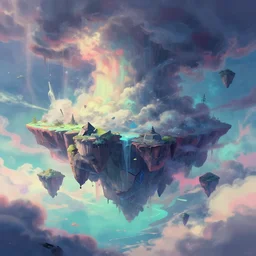 floating islands, idyllic, menacing, nebulous clouds, thundrous hellish floating crumbling islands particulate and shivering cold of the apocalypse, hyperfluorescent saturated pastel pleasing - palette matte painting matte painting from fantasia ( 1 9 4 1 )