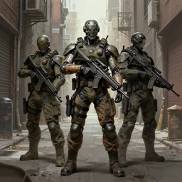 cyborg swat team in the city alleyways, concept art, trending on artstation, wlop, ross draws, digital painting, mixed media, intricate details,