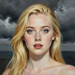professional painting of Elle Fanning in the style of Harvey Kurtzman, head and shoulders portrait, symmetrical facial features, smooth, sharp focus, illustration, intricate, stormy weather, extremely detailed masterpiece,