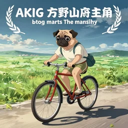 pug riding a bicycle in the style of akira