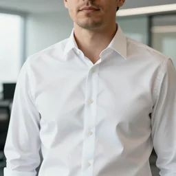 close up photo of a white american business man wearing a white button up shirt standing in an office, hyper realistic, natural light