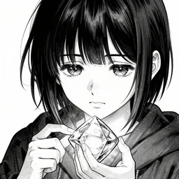 a kid with bangs and black hair playing with a diamond-shaped mysterious device, hand drawn ink manga