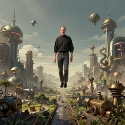 steampunk landscape, steve jobs levitating at the centre of the composition, wide shot angle, illustration, high detail, artstation