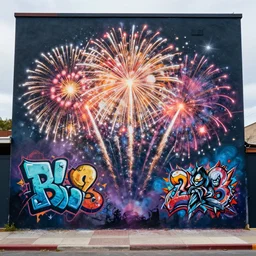 fireworks as graffiti mural by lee, masterpiece, trending on artstation