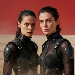 cinestill 5 0 d photographic portrait by steve mccurry of two lesbian female androids wearing rugged black mesh techwear on a desolate plain with a red sky, extreme closeup, cyberpunk style, dust storm, 8 k, hd, high resolution, 3 5 mm, f / 3 2, ultra realistic faces, ex machina, blade runner