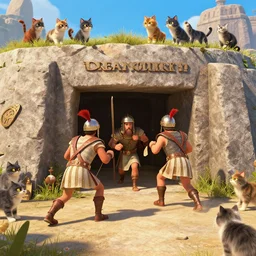 greek soldiers storming a bunker defended by cats, Dreamworks 3d render
