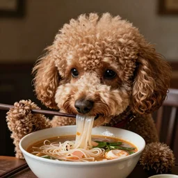 portrait of a poodle, eating pho soup, beautiful detailed intricate insanely detailed octane render, 8k artistic photography, photorealistic, chiaroscuro, by David Cronenberg, Raphael, Caravaggio