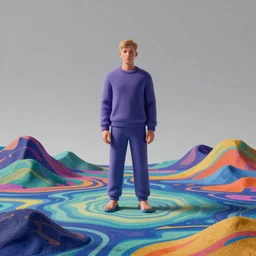 A hasselblad studio photo of Fin The human character in render of multiverse surface with fauvism liquid pattern, alien colorful mountains, unreal engine, octane render, blender3d, digital art by Beeple, intrecate light by greg rutkowski, 8k resolution, wes anderson color palette