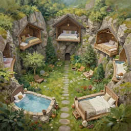painting of a series of a ring of bedrooms carved high up inside a mountain surround a lush garden with hot spring, cozy bed, well maintained, clean, medieval, fantasy genre, natural light, fantasy, natural light, sharp focus, concept art, by greg rutkowski and craig mullins, cozy atmospheric and cinematic lighting, trending on artstation