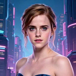 Emma Watson, head and shoulders movie poster, the background is a huge futuristic city, cyberpunk style futuristic neon lights, artstation cgsociety masterpiece highly-detailed