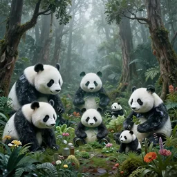 family of gigantic pandas with a lot of glass details, a lot of exotic vegetation, trees, flowers, dull colors, in the foggy huge forest, by moebius, junji ito, tristan eaton, victo ngai, artgerm, rhads, ross draws, hyperrealism,