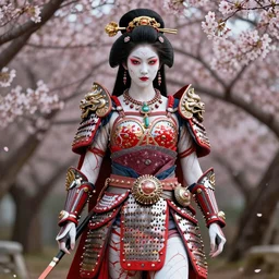 geisha warrior ornated armor war paint full body, detailed, jewelry, sakura,photograph, award wining, red and white, trending on artstation, punk attitude, 4k, unreal engine 5, octane render, neon highlights