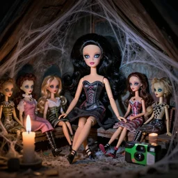 macro closeup old flash photo of a creepy seductive whimsical mechanical barbie dolls with black hair sitting in a corner of an abandoned attic at night, candles, spider webs, disposable camera, guillermo del toro, hp lovecraft, wes anderson, lois van baarle, ilya kuvshinov, wes craven, greg rutkowski,