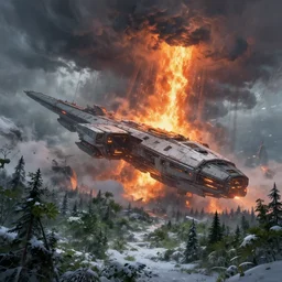 cinematic, panorama, massive sci - fi spaceship crashed overgrown vegetation, snowy forest, a storm of fire raining down, a fantasy digital painting, artstation, concept art, sharp focus, style of raphael lacoste