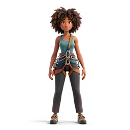 afro-haired rock climber with rope, detailed 3d character render, full body, standing, isolated on a pure white background, centered, whole figure in frame, sharp focus, studio lighting