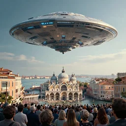 a giant alien ufo high tech spaceship eerily hovering on italy venice city landscape with beautiful temples by greg rutkowski, artgerm, ross tran, magali villeneuve, intricate, time travel theme, audince in awe, spectacle, audience sorrounding, award winning, octane render, masterpiece, 8 k, beautiful