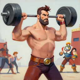 greg manchess portrait painting of circus strongman holding a heavy weight overwatch character, medium shot, asymmetrical, profile picture, organic painting, sunny day, matte painting, bold shapes, hard edges, street art, trending on artstation, by huang guangjian and gil elvgren and sachin teng
