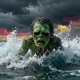 the pain is splattered on the sad monster's green face while huge waves crash against him, water sprays into the air, black thunderclouds, hints of red and yellow, unreal engine