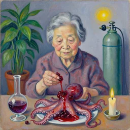 portrait of a japanese grandma, marmalade, squashed berries dripping, octopus, scientific glassware, houseplant, oxygen tank, candlelight, neo - impressionist, surrealism, acrylic and spray paint and oilstick on canvas