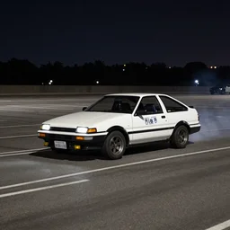 a toyota ae86 drifting in an empty parking lot at night, vhs camcorder footage