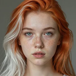 portrait Girl with orange hair and freckles, cute-fine-face, white-hair pretty face, realistic shaded Perfect face, fine details. realistic shaded lighting by (((Ilya Kuvshinov)))