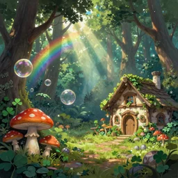 A hyper real comic book style portrait painting of an enchanted forest with toadstools and forest hut. Soap bubbles and rainbow in the air, sun beams flowing through the trees. Irish clovers, leprechaun's house in the woods. Unreal 5, Hyperrrealistic, Octane render, Cospay, RPG portrait, dynamic lightning