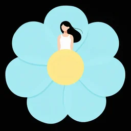 a woman on top of a light blue flower, flat design, flat colors