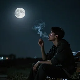 man sitting at night smoking and looking at the moon, dark, soft tones, cinematic, octane