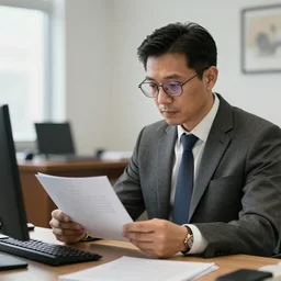 photo of an alligator in a suit and glasses, reading a document at a desk in an office. Highly detailed 8k. Intricate. Sony a7r iv 55mm. Stock photo.