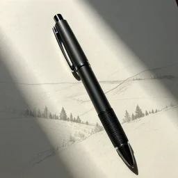 This is a sketch of a pen used as a bookmark. The pen is black and has a silver clip. The tip of the pen is capped with a black cap. The grip of the pen is wrapped in black tape.