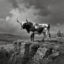 a black and white longhorn on a high bluff, key visual, concept art, extremely moody lighting, highly detailed, digital painting, artstation, unreal engine, in the style of charles marion russell and albert bierstadt and frederic remington