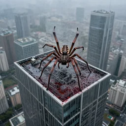 spiders, blood, roof of the skyscraper, in the stormy day, ultra realistic, photo, swag, drone view