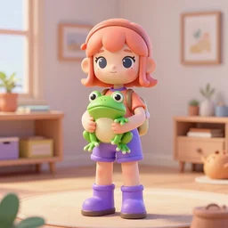 3 d girl holding a frog in the middle of the room ; apricot and purple colors ; unreal engine ; 3 d