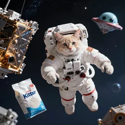 3D realistic action sequence of an astronaut ((cream colored maine coon kitten)) floating next to the James Webb Telescope in outer space, an unopened bag of kitty litter floats nearby, in the background friendly cute cute cute alien spacecraft