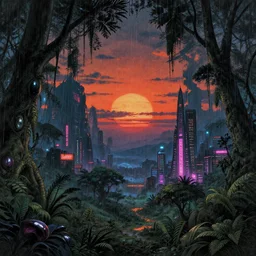 landscape by albrecht durer, alien at dusk at night anime bladerunner 2 0 4 9 rainforest extraterrestial vice city evil atlantis myst sunset mars assassin's creed neon signs infrared gem tundra, archdaily, wallpaper, highly detailed, trending on artstation.