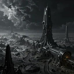 bleak endless landscape, long abandoned alien structure on exoplanet, black mos eisley designed by giger, wrecked skeletal technology, smooth dark clouds,  abandoned organic buildings, dream-like heavy atmosphere, baroque painting, beautiful detailed intricate insanely detailed octane render trending on Artstation, 8K artistic photography, photorealistic, dramatic volumetric cinematic light, chiaroscuro, award-winning photograph, masterpiece, Raphael, Caravaggio, Beksinski, Giger