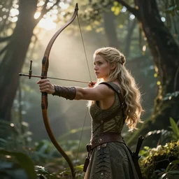 Portrait of an elven archer exploring a Mayan forest at sunrise.