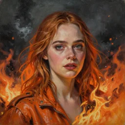 Elle Fanning surrounded by orange napalm flames in the style of Paola Vetri, head and shoulders portrait, stormy weather, extremely detailed masterpiece, oil on canvas, low-key neon lighting, artstation, Blade Runner 2049, Roger Deakin’s cinematography, by J. C. Leyendecker and Peter Paul Rubens and Edward Hopper and Michael Sowa,