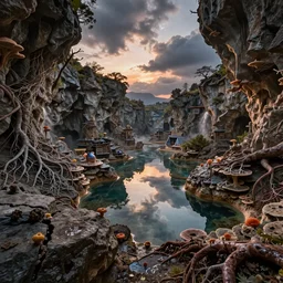 wet expansive caves with growing fungal mycelium biodiversity ,deep boiling pools of water reflecting the surfaces around them , small cities emerge in between the rock formations, dramatic dusk sun illuminates areas , volumetric light ,detailed entangled fibres carpet the fallen rocks , tree roots puncture and crack rocks , stormy clouds gather in the distance ,full colour , upscale , 8k