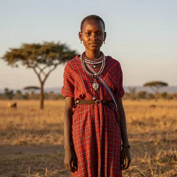 a maasai girl standing in the savanna during a sunset
