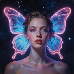 portrait painting of a neon butterfly, background is star universe unreal render cinematic lighting art by bussiere rutkowski andreas rocha