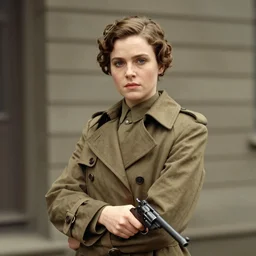 Alyson Hannigan as an Army Officer, 1918, wearing a trenchcoat, holding a revolver, colour photo portrait by Steve McCurry