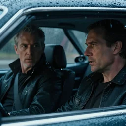 close - up of characters talking inside car. architecture by syd mead. thick rain. grizzled. screenshot from the liveaction cyberpunk detective show. moody. masterpiece, magnum opus, monumental achievement, classic gem. octane render. nvidia amd graphics demo. lighting by james gurney. trending. artstation cgsociety behance. 4 k. beyond style stylish polished slick smooth spectacle spectacular fantastic staggering stunning flashy.