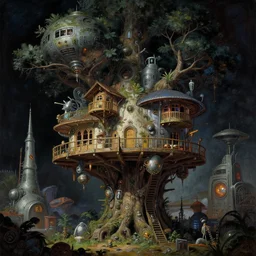 a scene of futuristic treehouse surrounded by ancient technology. highly detailed science fiction painting by norman rockwell, frank frazetta, and syd mead. rich colors, high contrast, gloomy atmosphere, dark background. trending on artstation