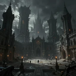a wide open courtyard in an ominous city for evil overlords, dark towers, a fantasy digital painting by greg rutkowski and james gurney, trending on artstation, highly detailed, high contrast