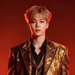 park jimin. wearing intricate styled outfit, semi realism, anime realism, symmetrical face, slim face, appealing, photorealism, fanpop, amazing depth, glowing, golden ratio, sakimichan, greg rutowski, volumetric lighting, cinematic lighting, red orange lighting, artstation concept art